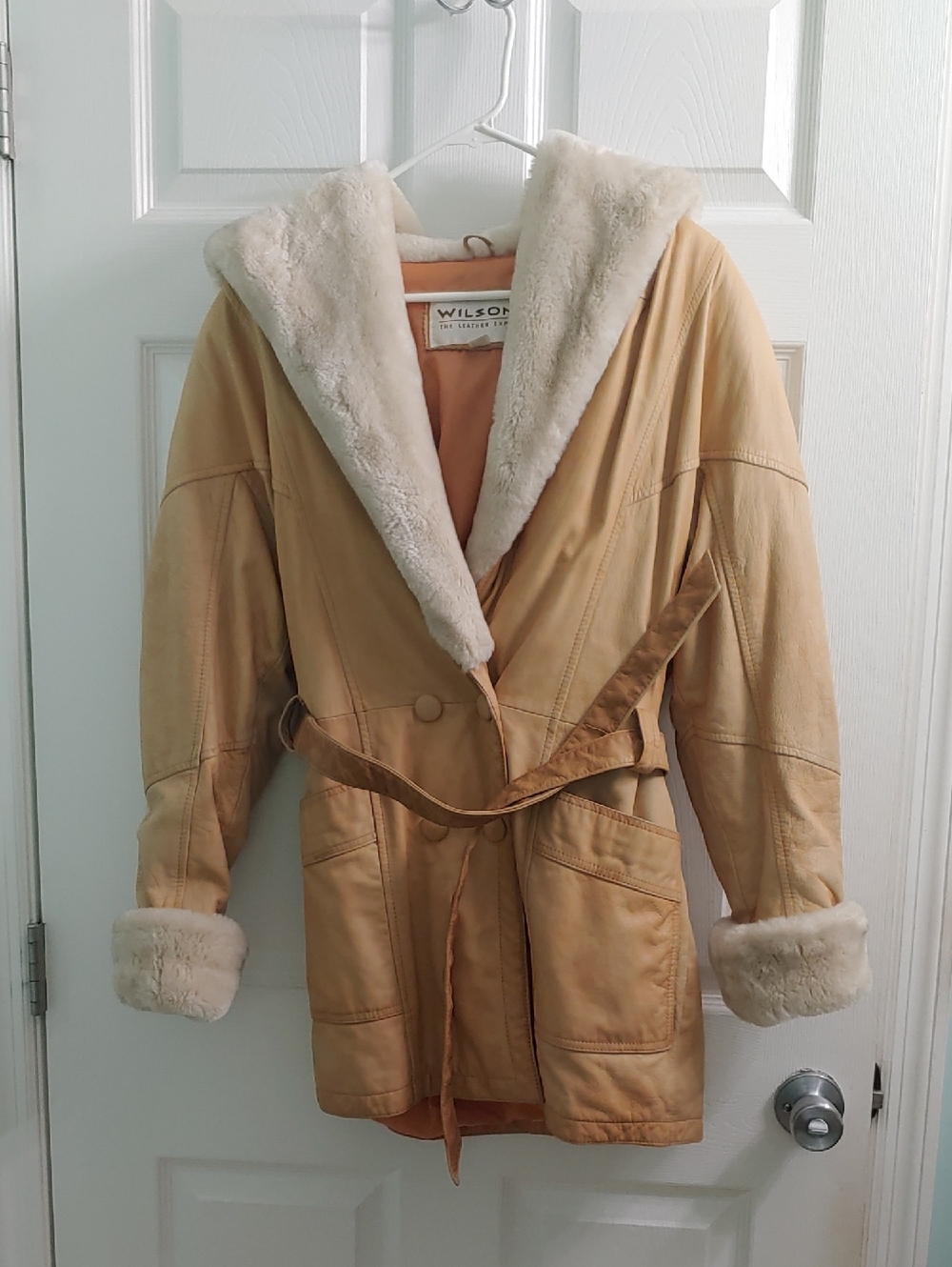 Vintage Wilsons Leather Penny Lane Jacket Long Tan Hooded Coat Shearling Size XS